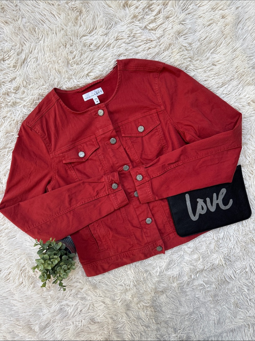 Loft Collarless Color Denim Jacket 💗 Brick Red
